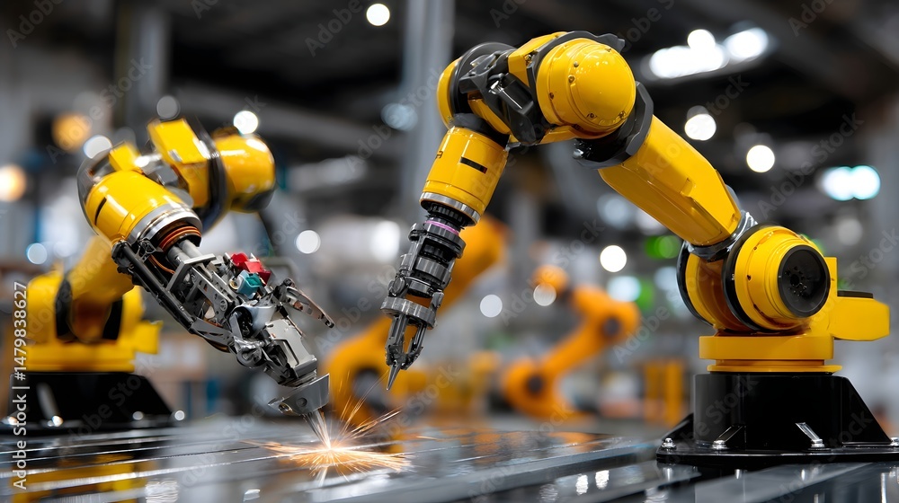 Poster robot engaged in metalwork while workers in safety gear oversee processes and safety protocols
