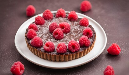 Raspberry Chocolate Tart, A decadent dessert featuring a rich chocolate filling complemented by tart raspberries, all nestled in a crisp, buttery pastry crust.