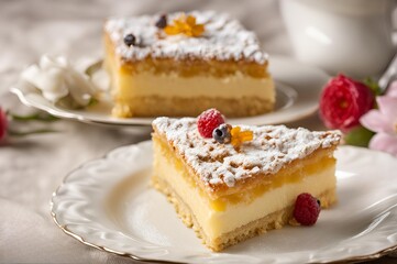 Delicious Bienenstich or bee sting cake topped with caramelized almonds and berries, adding a refreshing twist to its traditional sweet and crunchy flavor.