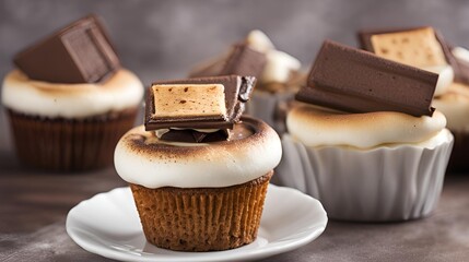 S'mores Cupcakes, Chocolate cupcakes filled with ganache topped with chocolate buttercream and marshmallow frosting, capturing the essence of the classic campfire treat.