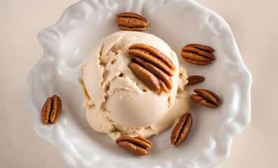 Top view of refreshing vanilla ice cream served with pecan nuts, offering a delightful combination of creamy sweetness and crunchy nuts.