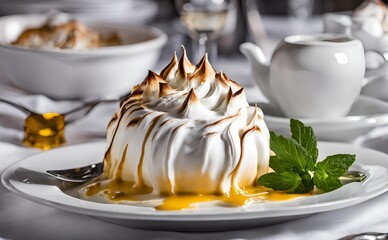 Baked Alaska flambe topped with perfectly browned meringue, creating a visually appealing contrast and delightful texture in every bite.