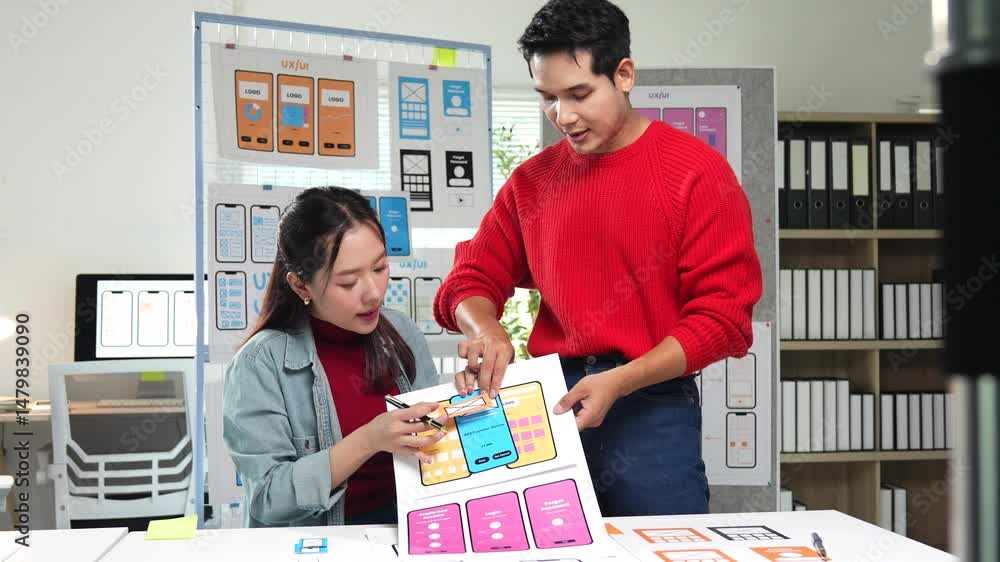 Poster young web designers collaborating in modern office, analyzing mobile application layouts while discu