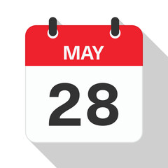 Fototapeta premium May 28 Daily Calendar. Red Theme on White Background