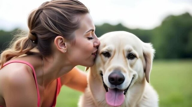 Love of dogs, a woman in a park bends down and kisses her gold retriever