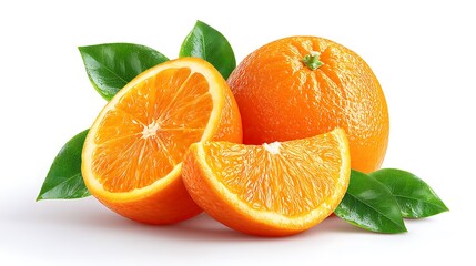 Juicy Oranges Sliced  Whole with Leaves.