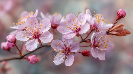 Obraz premium Delicate pink cherry blossom flowers on branch. Pastel colors and soft light create spring atmosphere. Floral design perfect for home decor wall art. Wallpaper for interior decor. Watercolor artwork