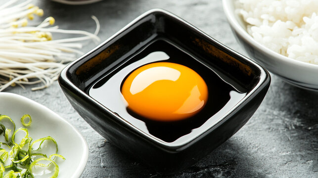 Raw egg yolk close up in black bowl with soy sauce for japanese tamago kake gohan dish