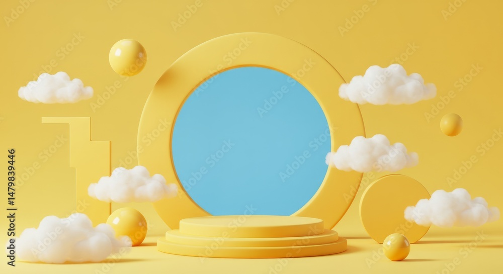 Poster minimalist yellow presentation podium with clouds for product display backdrop