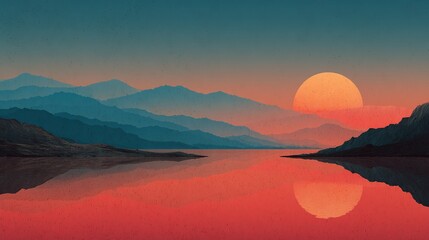 Obraz premium Digital illustration scenic sunset over mountain lake. Vivid colors, artistic landscape evokes serene, calm mood. Dark mountains, reflection in water, orange sun. Nature, travel, vacation concept.