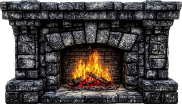 Stone Fireplace with Burning Logs