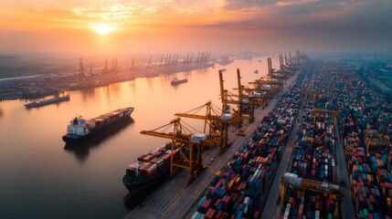 Fototapeta premium Cargo ships at dawn with geometric container shapes, a serene seaport awakening to soft morning light 