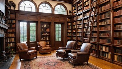 Spacious Library with Dark Wood Bookshelves and Leather Chairs