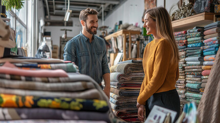 Fototapeta premium AI image generator of haberdashery , shop selling cloth. Haberdashery shelves with many types Colorful fabric rolls for sale