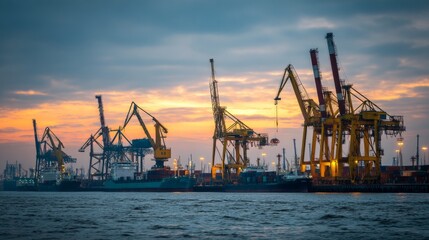 Obraz premium Cargo ships at dawn with geometric container shapes, a serene seaport awakening to soft morning light 