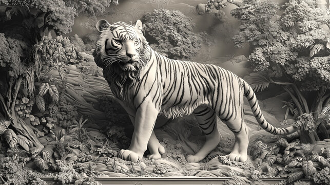 AI generator images of a realistic bas-relief of a tiger, sculpture art ,nature artwork 