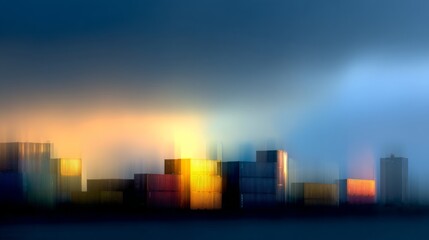 Cargo ships at dawn with geometric container shapes, a serene seaport awakening to soft morning light
