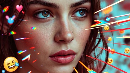 A woman's face is surrounded by a bunch of emojis, including a smiley face
