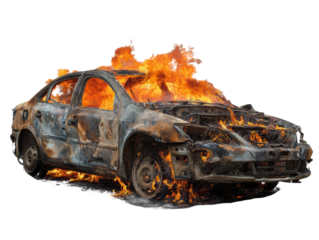 Abandoned vehicle engulfed in flames in urban environment, cut out transparent