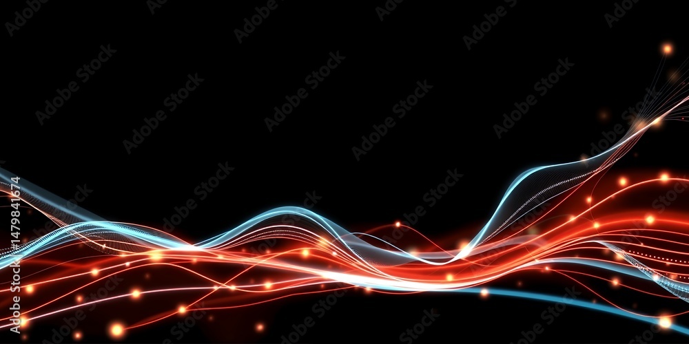 Poster abstract glowing lines in red and blue with light particles on a dark background design