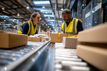 Workers inspect and package goods on a conveyor belt in a large warehouse.  Detailed view of the workers focused on the task