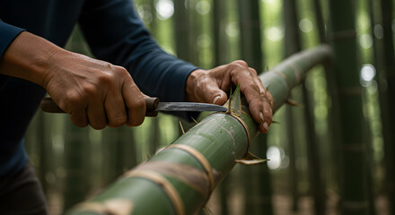 Hands Carefully Peeling a Bamboo Pole in a Lush Forest