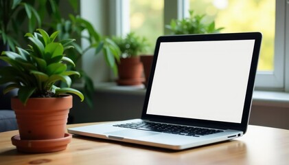 Fototapeta premium Laptop with blank screen, potted plant on table, window view , quiet, isolated