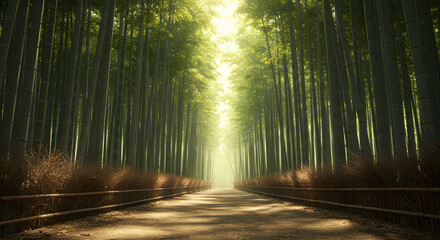 Serene Bamboo Forest Path: Sunlight Illuminates a Mystical Grove