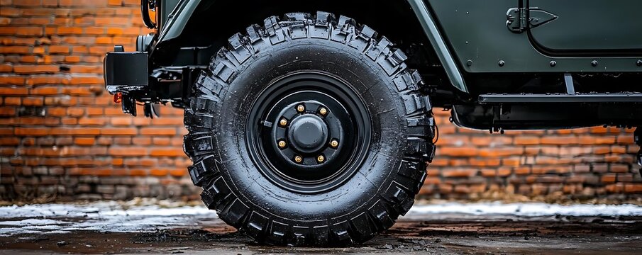 Off-road tire, brick wall, winter