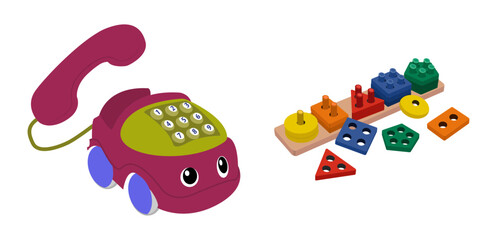 Illustrations of preschool learning toys, including a cute vintage toy telephone with eyes and a geometric pegboard puzzle