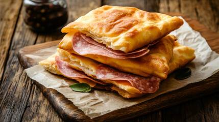 Delicious salami sandwich recipe with fresh bread on wooden board food photography