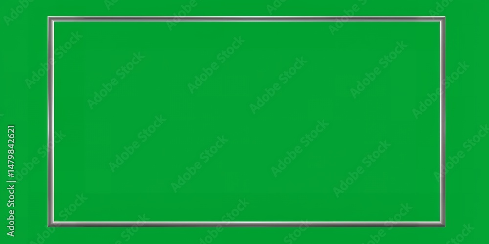 Poster a rectangular chrome frame is centered against a bright green background in a studio shot