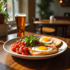 breakfast on the table in cafe
