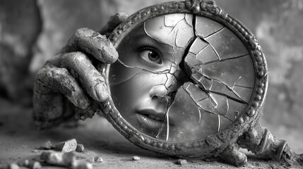 Black and White Photo of Broken Hand Mirror Reflecting Woman&rsquo;s Face Held by Dirty Hands in Old Stone Room. High-contrast black-and-white image of shattered hand mirror reflecting a young woman&rsquo;s face,