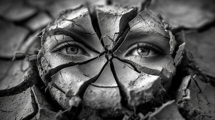 Black and White Extreme Close-Up of Woman&rsquo;s Face Made of Cracked Mud with Intense Emotional Expression.A dramatic black-and-white close-up photograph of a woman&rsquo;s face sculpted from cracked mud, her d