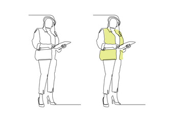 Minimalist single line drawing of female engineer wearing safety vest and helmet, holding tablet. Comes with outline and colored version