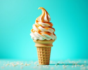 Delicious soft serve ice cream in a cone with caramel drizzle on a vibrant blue background