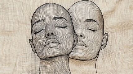 Two serene female faces, interconnected, depicted in a delicate wireframe style against a textured backdrop