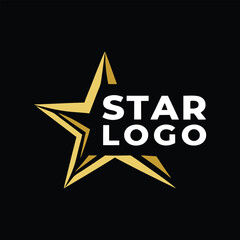 A golden star logo with white text on a solid black background