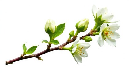 Small branch with buds isolated on white background, leafy greens, branches, flowers