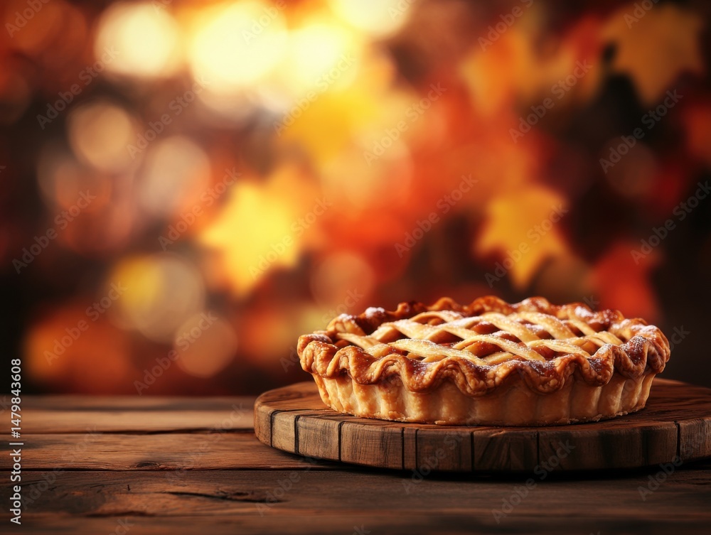 Poster delicious apple pie with lattice crust on rustic wooden board in warm autumn setting close up view