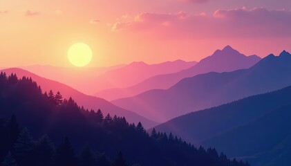 Soft, hazy mountainscape fading into sunset hues , sunset, horizon, mountains