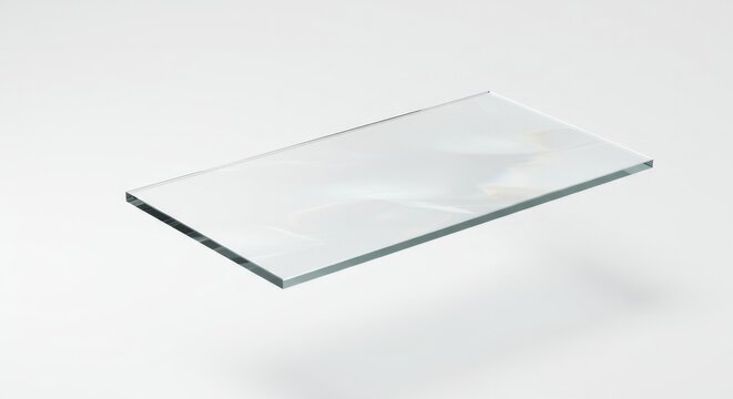 Modern minimalism showcasing a pristine rectangular glass sheet on white backdrop