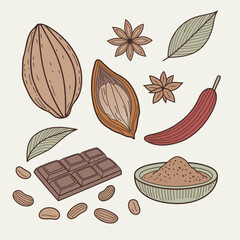 Minimal Cocoa and Chocolate Ingredients Vector Illustration. Clean vector set with hand-drawn cacao pod, chocolate bar, anise, and leaves. Minimalist food sketch suitable for labels, posters.
