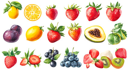 Vibrant Strawberry Watercolor Collection: Fruits, Vegetables - Set of Colorful Illustrations