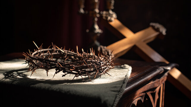 Crown of thorns and wooden cross christianity easter lent jesus christ sacrifice symbol