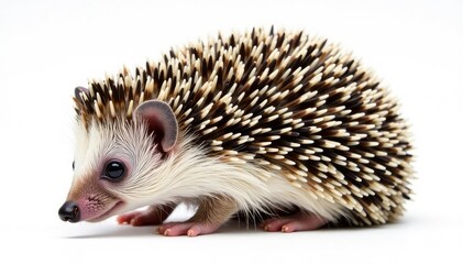 Fototapeta premium Tiny hedgehog curled, isolated on pure white background, small, fauna, hedgehog isolated