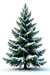 Tall spruce tree isolated on white snow-covered background with frosty texture, evergreen, branches, isolation