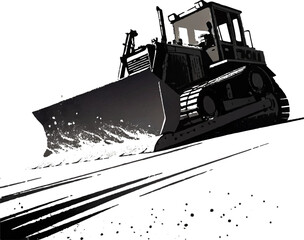Bulldozer Pushing Material Black and White Illustration © Rezowan 