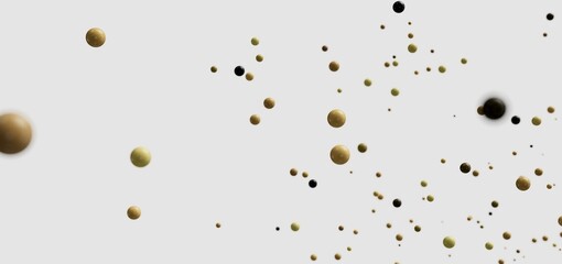 Abstract background with gold and black spheres scattered on a white background. Perfect for modern designs.
